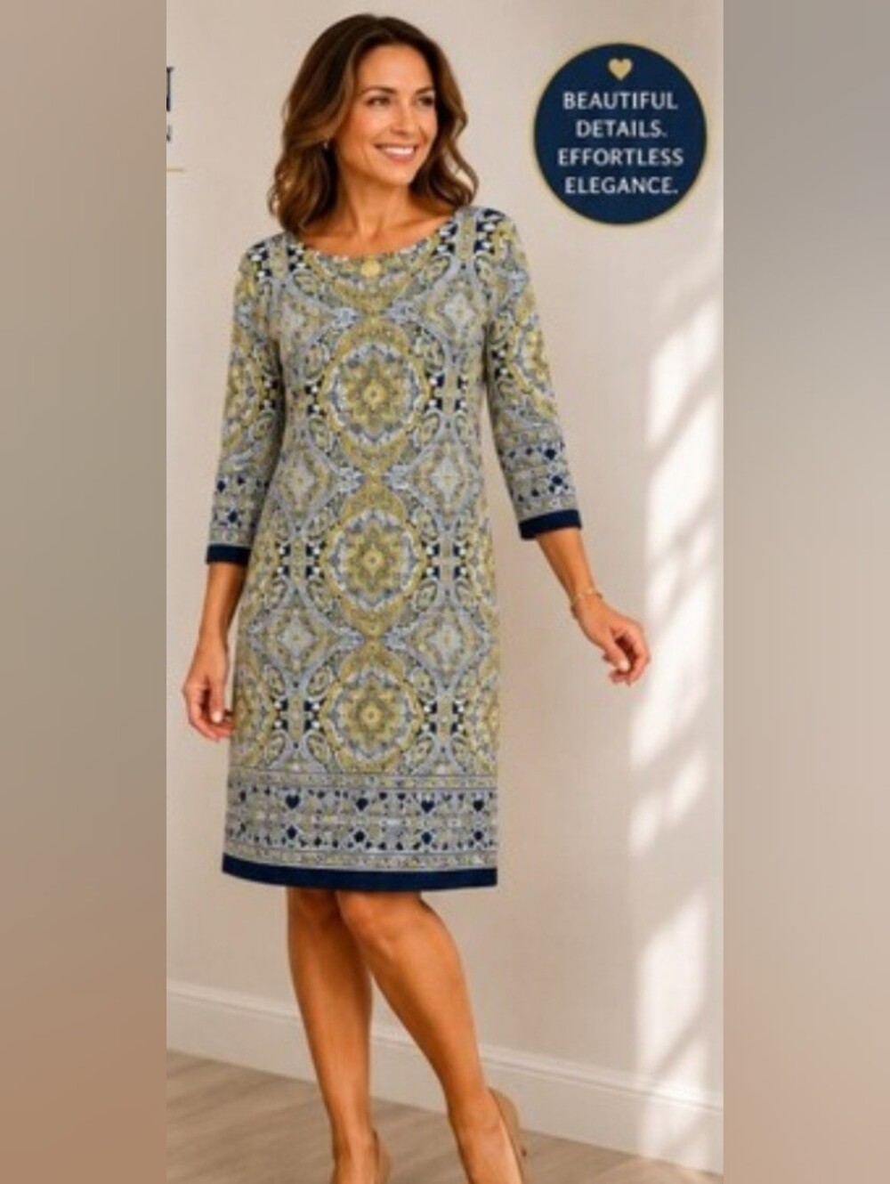 London Style Collection Blue Yellow Paisley Shift Dress Women's Size 16